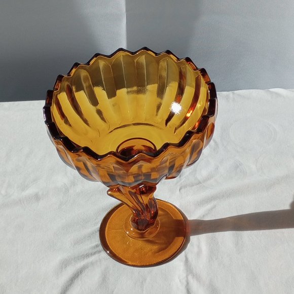Vintage Indiana Glass Amber Pedestal Lotus Flower Blossom Candy Dish- - Picture 2 of 7
